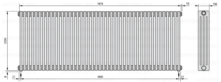 Схема (чертеж) Радиатор Zehnder Charleston 4220/43 №5310 Белый глянцевый RAL 9016
